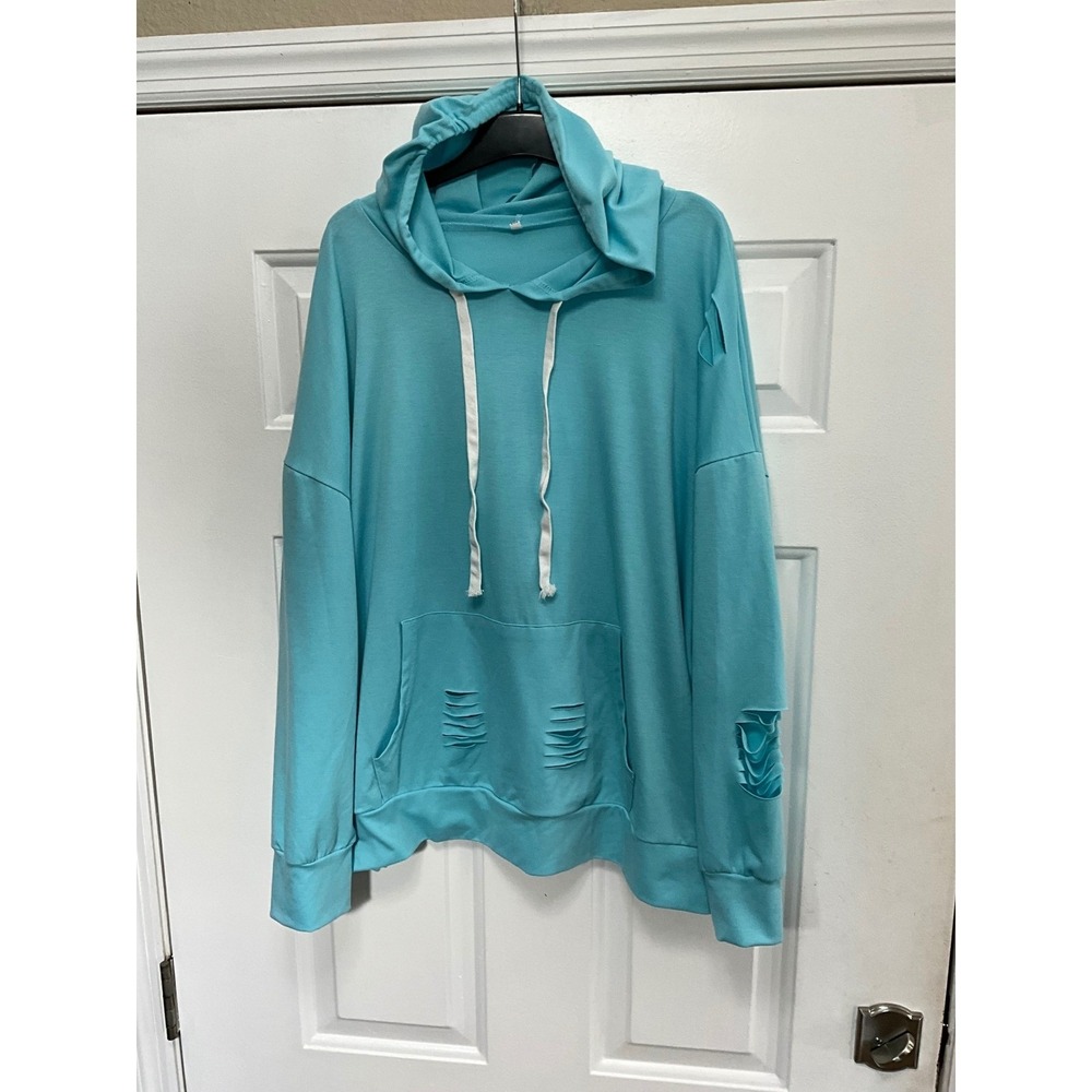 Womens Distressed Oversized Hoodie Turquoise Blue Lightweight Pullover 3XL